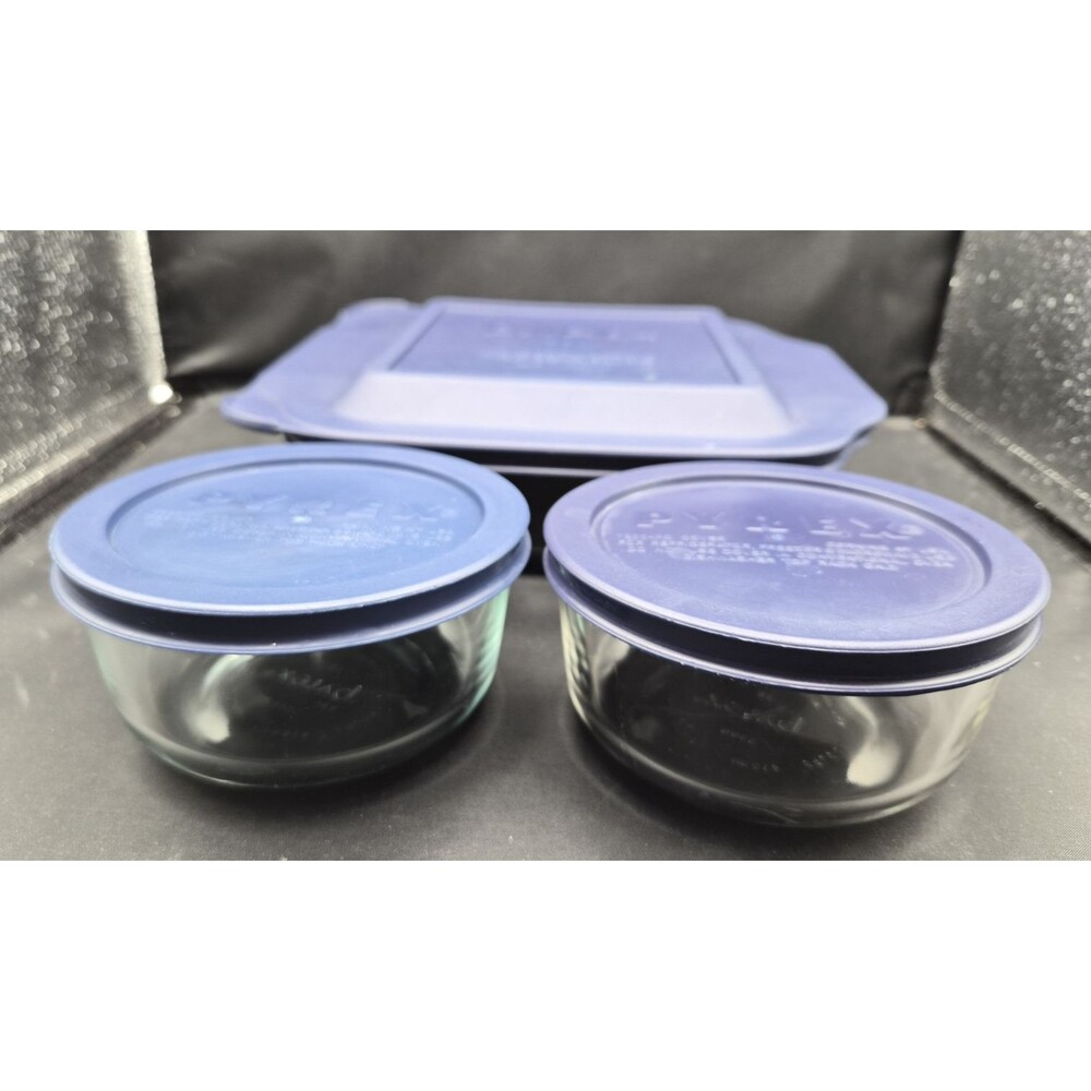 Pyrex Blue Glass Bake & Store Set 8x8 Square Dish Lid 2 Cup Round Bowls Lids 6pc